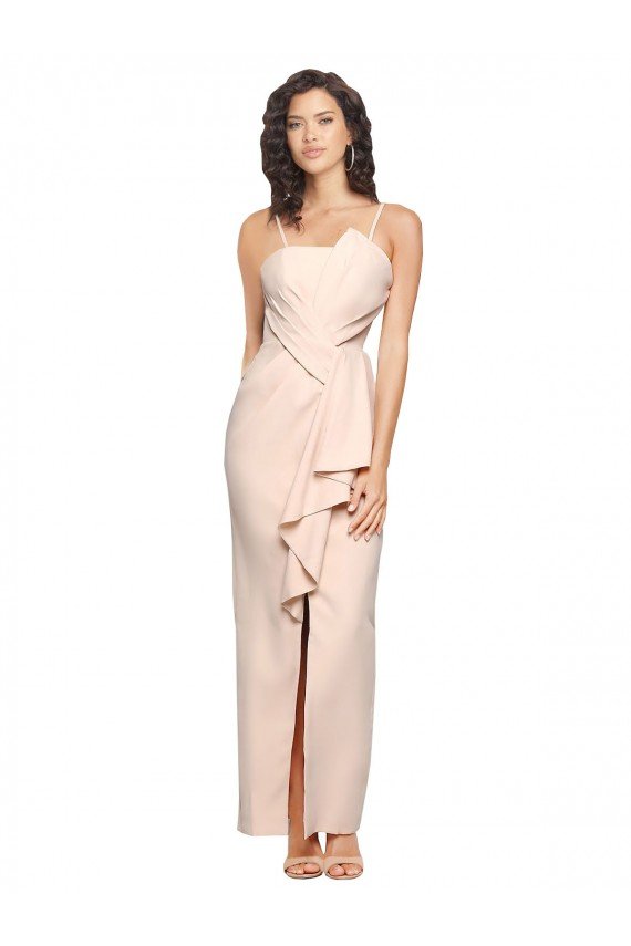 Shop Long Full Length Ruffles Strapless Low Back Crepe Evening Dress with Straps