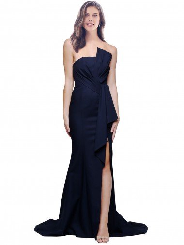 Shop Long Strapless Sweep Train Low Back Crepe Evening Dress