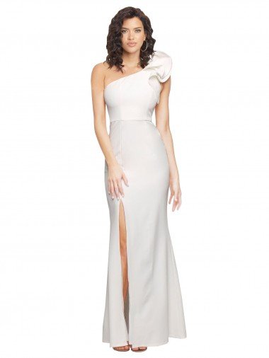 Shop One Shoulder Long Full Length Crepe Evening Dress with Ruffles and Side Split