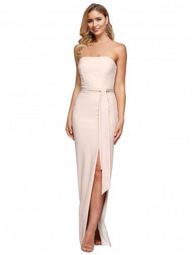 Shop Full Length Low Back Strapless Crepe Evening Dress with Thigh High Side Split