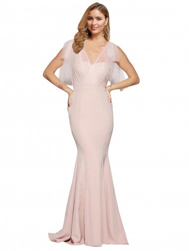 Shop Double Bow Full Length Sweetheart Crepe Evening Dress with Tulle Overlay