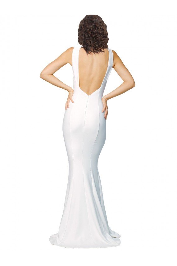 Shop High Neck Low V-Back Long Crepe Evening Dress