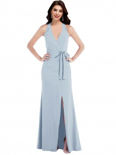 Shop Open Back Halter Maxi Crepe Evening Dress with Draped Bow