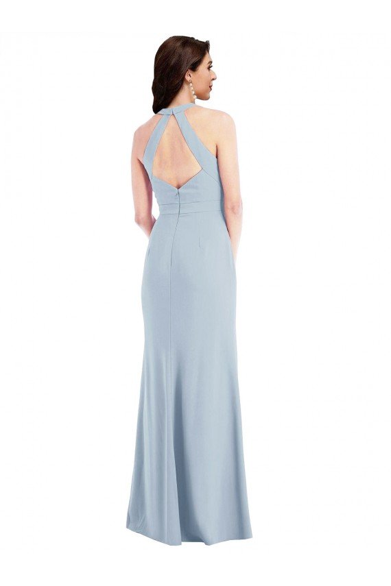 Shop Open Back Halter Maxi Crepe Evening Dress with Draped Bow