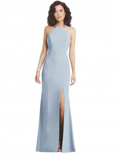 Shop High Neck Halter Crepe Evening Dress with Twist Criss Cross Back