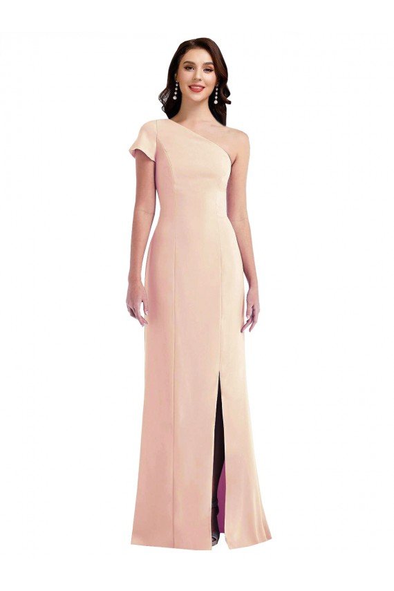Shop One Shoulder Cap Sleeves Trumpet Crepe Evening Dress with Front Slit