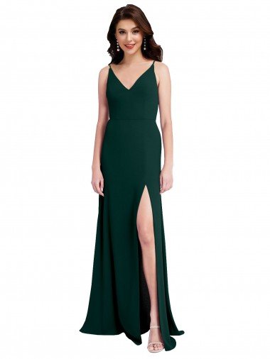 Shop Slim A-Line V-Neck Full Length Crepe Evening Dress with Side Slit