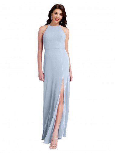 Shop Fit and Flare High Neck Crepe Evening Dress with Side Slit