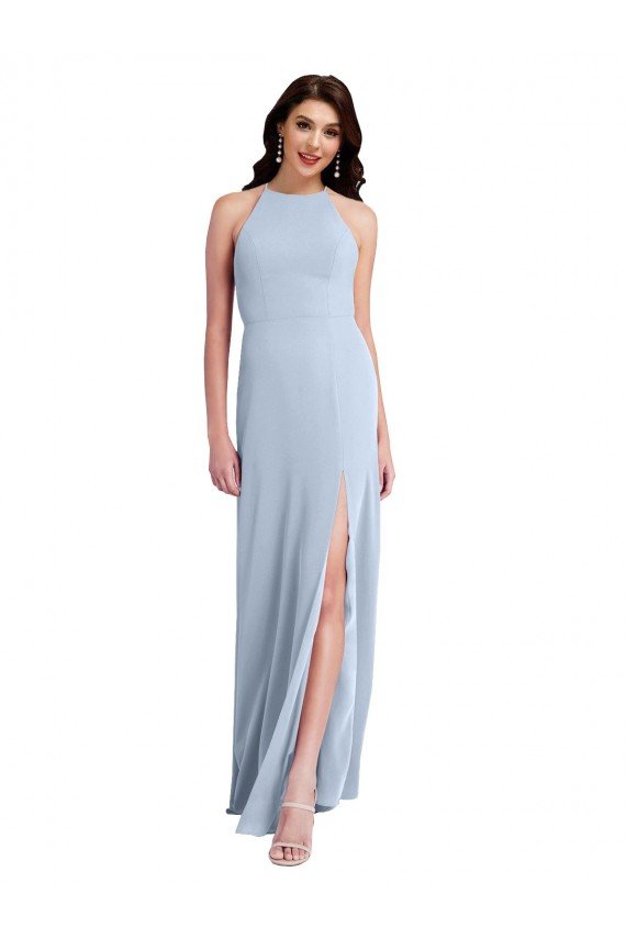 Shop Fit and Flare High Neck Crepe Evening Dress with Side Slit