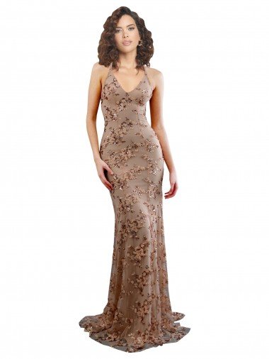 Shop Floral Patterned Backless V-Neckline Sequin Evening Dress
