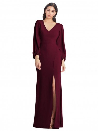Shop Long Puff Sleeve V-Neck Trumpet Evening Maxi Dress