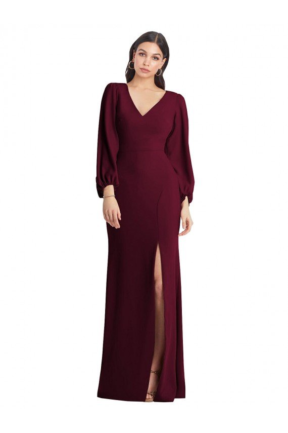 Shop Long Puff Sleeve V-Neck Trumpet Evening Maxi Dress