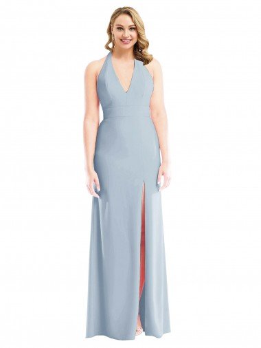 Shop Plunge Neck Halter Backless Trumpet Evening Dress with Front Slit
