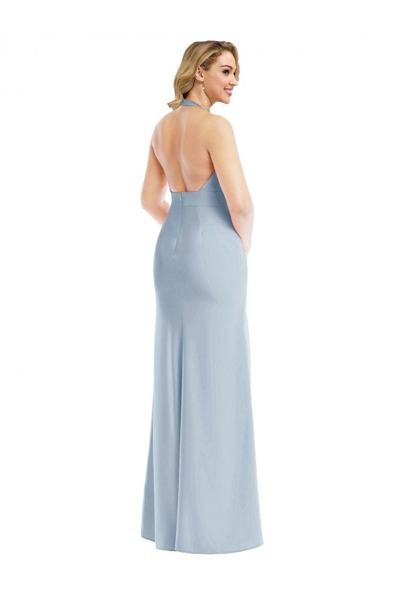 Shop Plunge Neck Halter Backless Trumpet Evening Dress with Front Slit