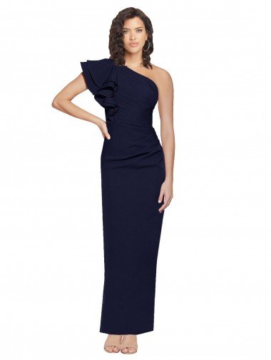 Shop Ruched Floor Length Long Crepe Evening Dress with Shoulder Ruffles