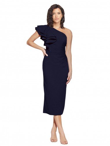 Shop Ruched Midi Length Short Crepe Cocktail Evening Dress with Shoulder Ruffles