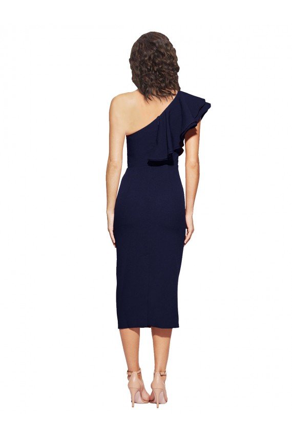 Shop Ruched Midi Length Short Crepe Cocktail Evening Dress with Shoulder Ruffles