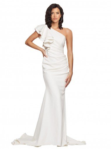 Shop Ruched Long Sweep Train Crepe Evening Dress with Shoulder Ruffles