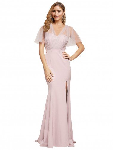 Shop Crepe Long Sweetheart Neckline Evening Dress with Tulle Overlay Shoulders