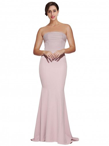 Shop Straight Neck Long Strapless Crepe Evening Dress with Soft Tulle Overlay and Small Train