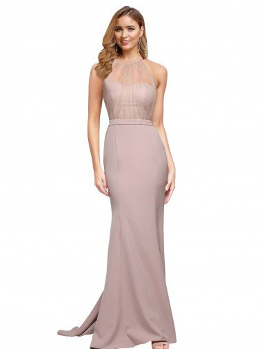 Shop Long Sweetheart Crepe Evening Dress with High Neck Illusion Tulle Details
