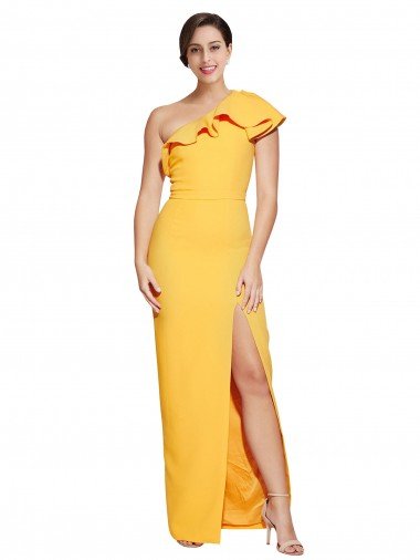 Shop One Shoulder Floor Length Crepe Evening Dress with Thigh High Split