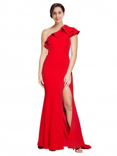 Shop One Shoulder Long Sweep Train Crepe Evening Dress with Thigh High Split