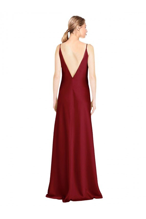 Shop Floor Length Deep V-Back Stretch Satin Evening Dress with Front Slit