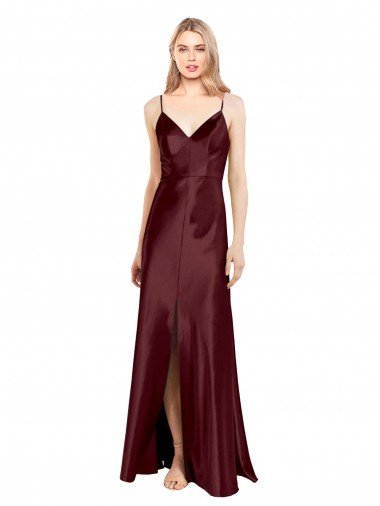 Shop Sleek Spaghetti Straps V-Neck Stretch Satin Evening Dress with Center Front Slit