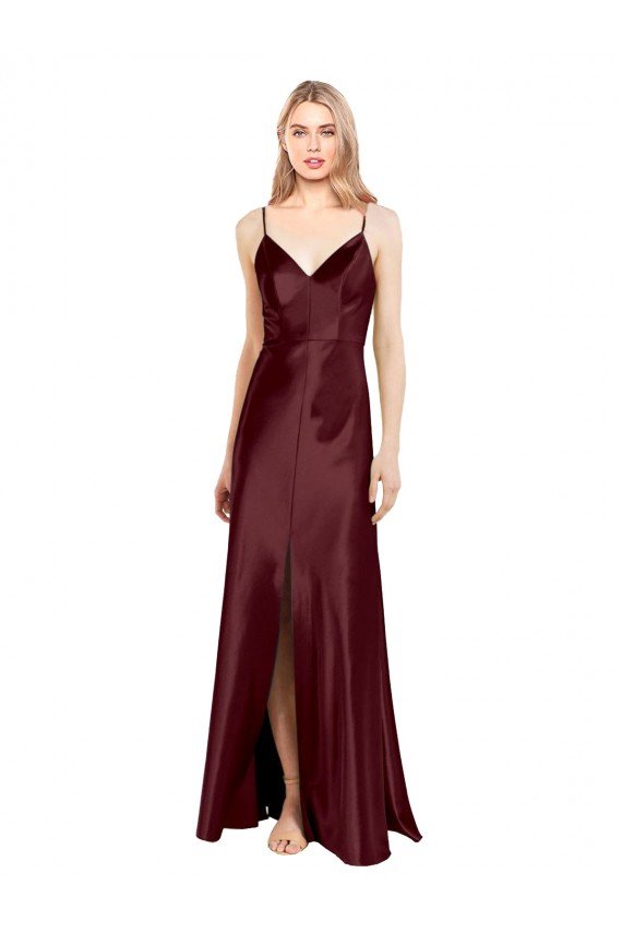 Shop Sleek Spaghetti Straps V-Neck Stretch Satin Evening Dress with Center Front Slit