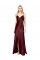 Shop Sleek Spaghetti Straps V-Neck Stretch Satin Evening Dress with Center Front Slit