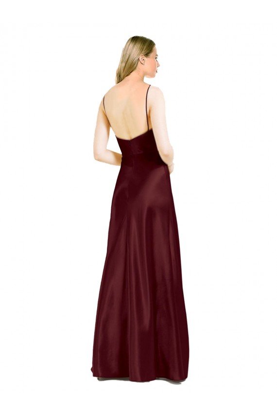 Shop Sleek Spaghetti Straps V-Neck Stretch Satin Evening Dress with Center Front Slit