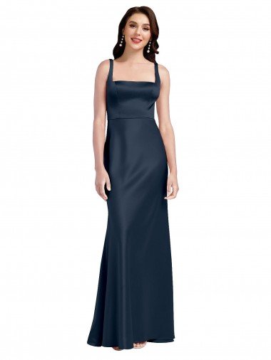 Shop Square Neck A-Line Long Stretch Satin Evening Dress with Wide Straps