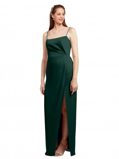 Shop Sleek Straight Neckline Long Wrap Stretch Satin Evening Dress with Angled Pleats