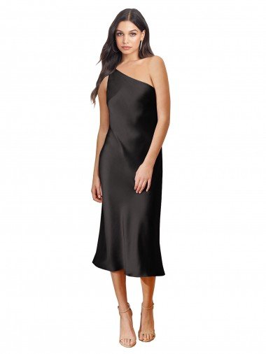 Shop Sleek One Shoulder Midi Length Short Stretch Satin Slip Cocktail Evening Dress