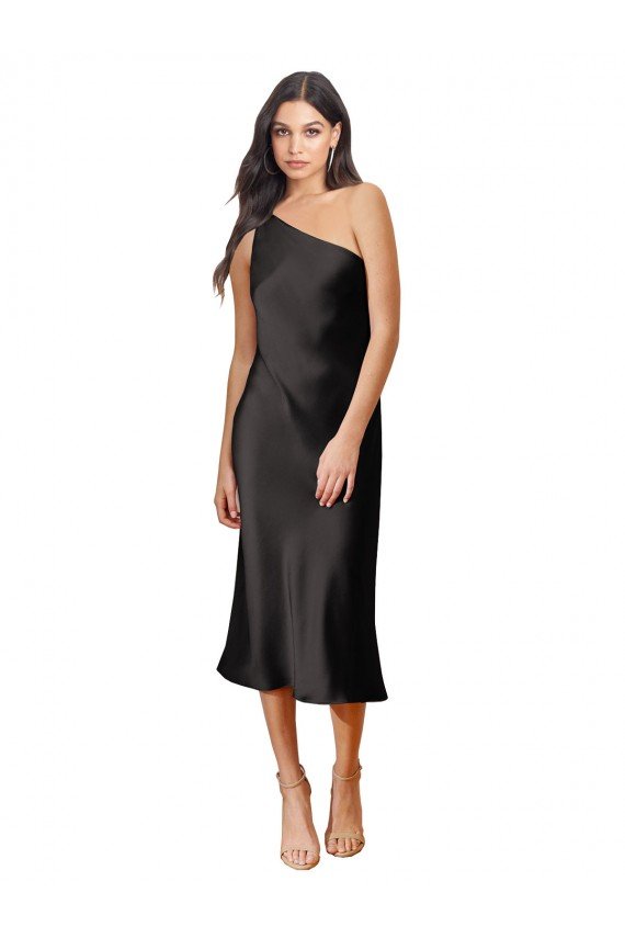 Shop Sleek One Shoulder Midi Length Short Stretch Satin Slip Cocktail Evening Dress
