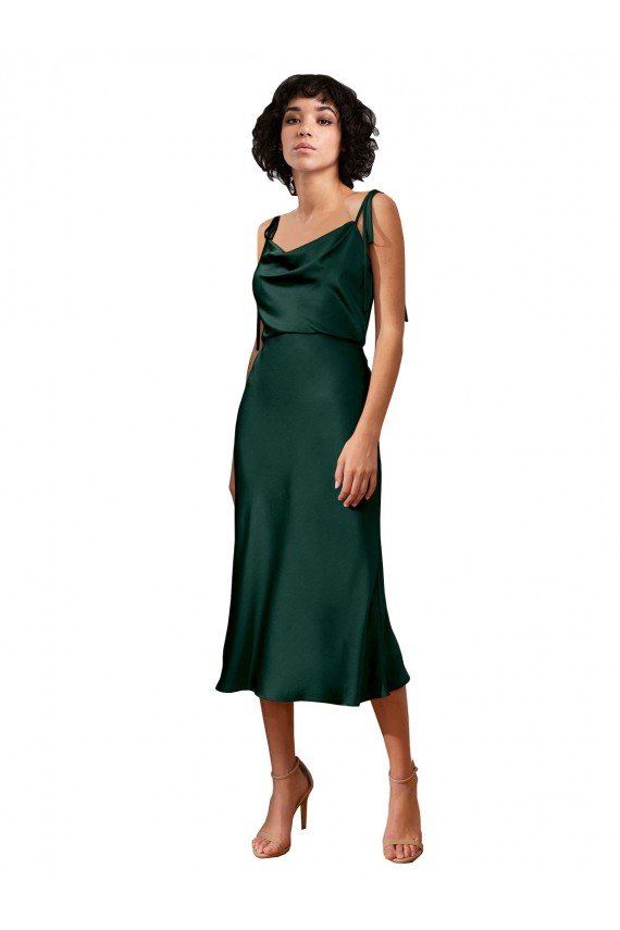 Shop Spaghetti Straps Tie Shoulders Cowl Neck Short Midi Length Stretch Satin Cocktail Evening Dress
