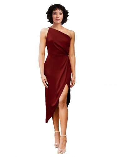 Shop One Shoulder Midi Length Short Stretch Satin Wrap Style Cocktail Evening Dress