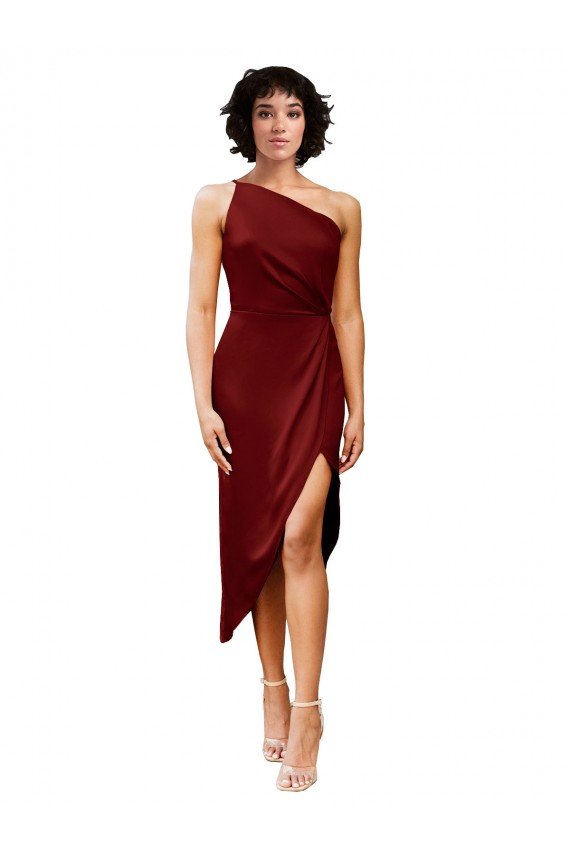 Shop One Shoulder Midi Length Short Stretch Satin Wrap Style Cocktail Evening Dress