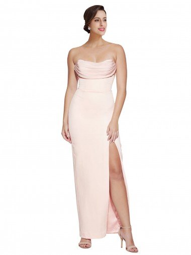 Shop Cowl Neck Strapless Stretch Satin Evening Dress with High Split