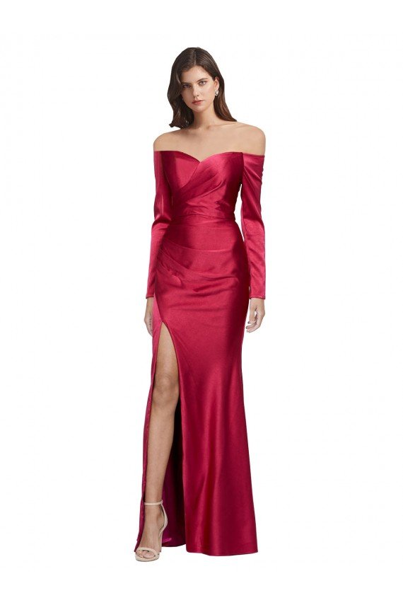 Shop Long Sleeves Off the Shoulder Stretch Satin Evening Dress with High Side Split