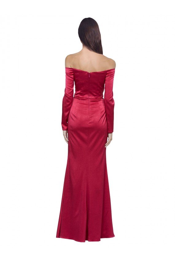Shop Long Sleeves Off the Shoulder Stretch Satin Evening Dress with High Side Split