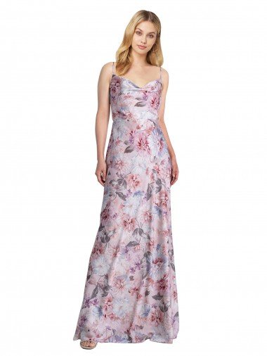 Shop Draped Cowl Neck Long Printed Stretch Satin Evening Dress