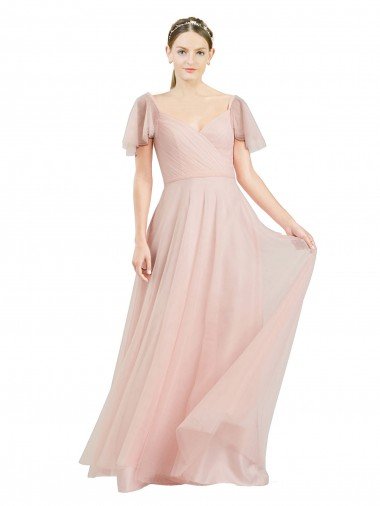 Shop Long V-Neck Flutter Sleeves Tulle Evening Dress