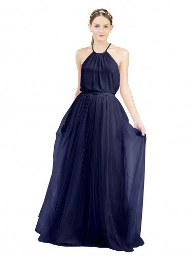 Shop Long A-Line High Neck Halter Tulle Evening Dress