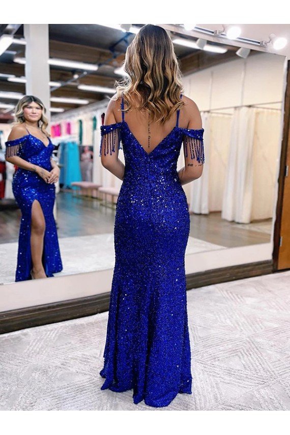 Shop Cold Shoulder Sleeveless Long Floor Length Velvet Sequin Evening Dress with Slit