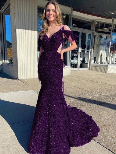 Shop Cold Shoulder Sleeveless Long Court Train Velvet Sequin Evening Dress