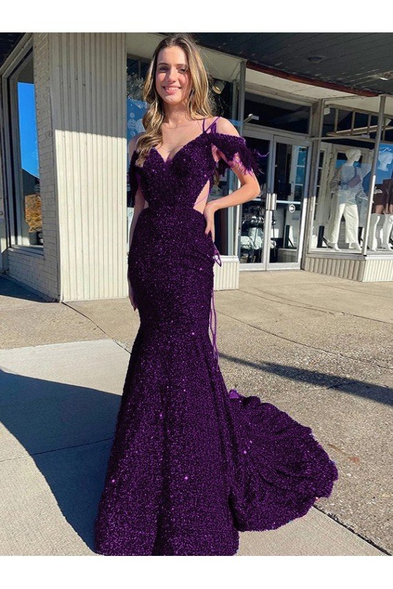 Shop Cold Shoulder Sleeveless Long Court Train Velvet Sequin Evening Dress