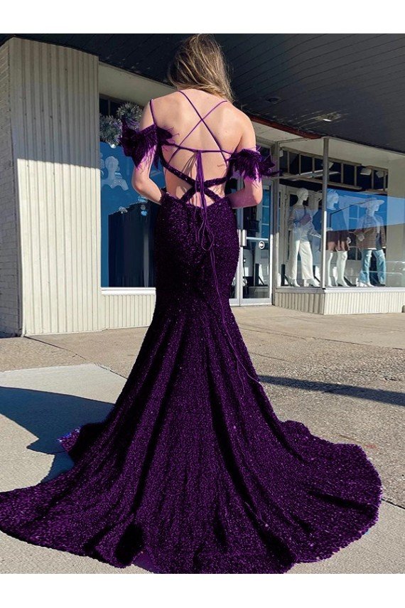 Shop Cold Shoulder Sleeveless Long Court Train Velvet Sequin Evening Dress