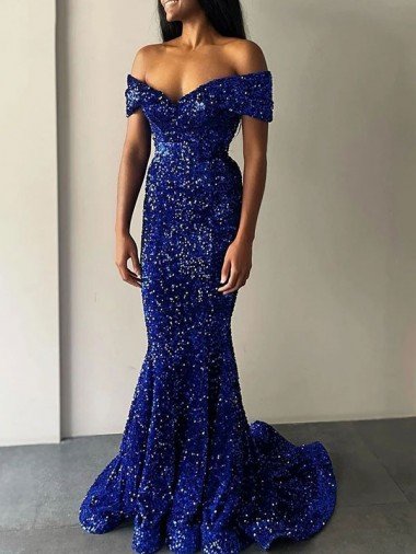 Shop Mermaid Off the Shoulder Sleeveless Long Sweep Train Velvet Sequin Evening Dress